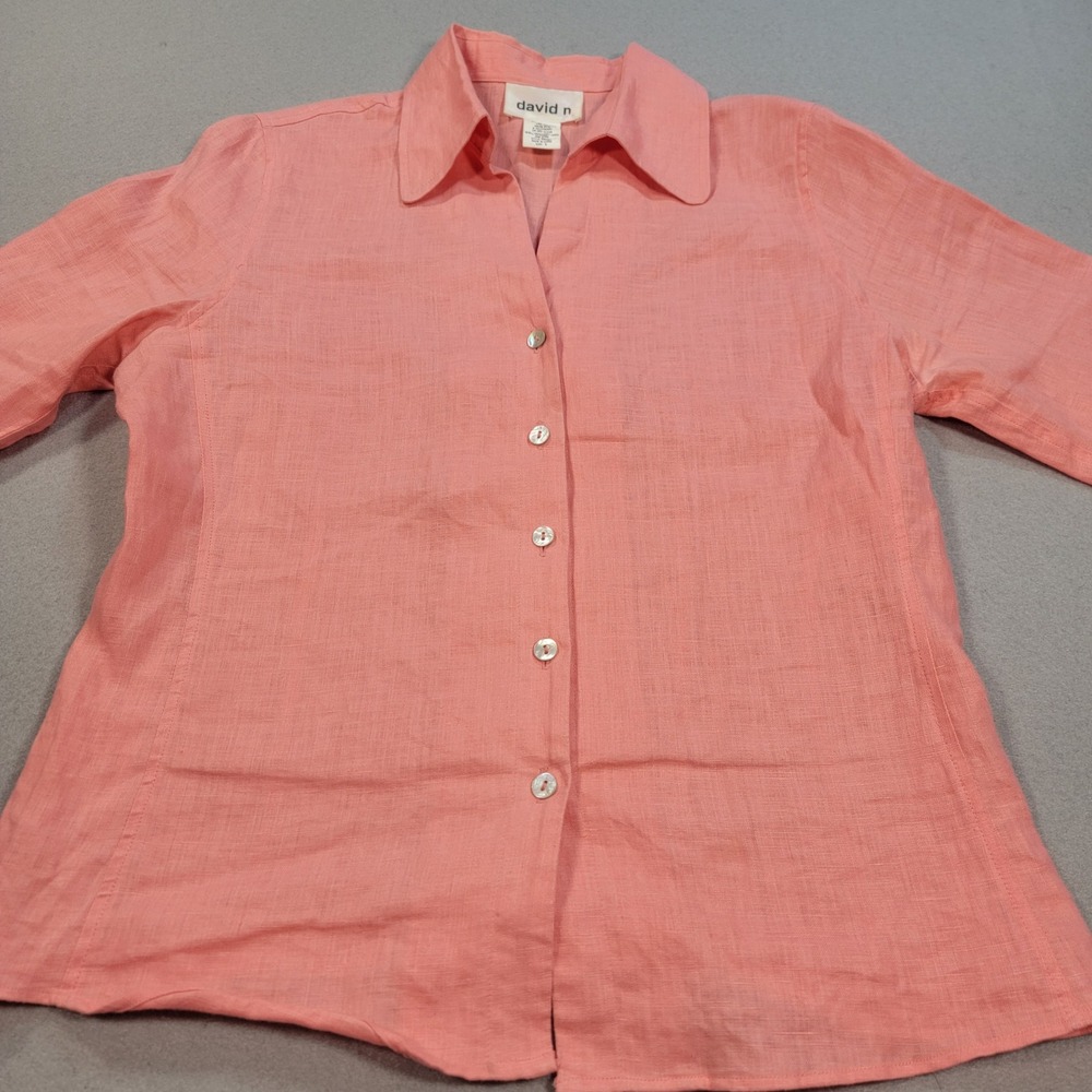 David N Linen Button Up‎ Shirt Womens Small Coral Pink 3/4 Sleeves Collared Top